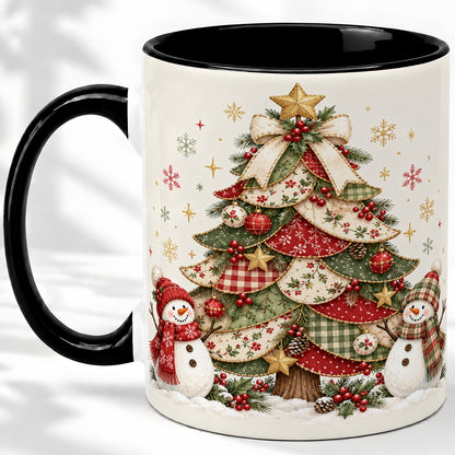 #pl[11oz|Black] Christmas Tree Snowman Accent Mug, Ceramic Cup with Festive Art