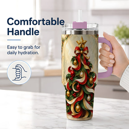 #pl[40oz|Pink] Ribbon Christmas Tree 40oz Handled Tumbler, Classic Festive Artwork