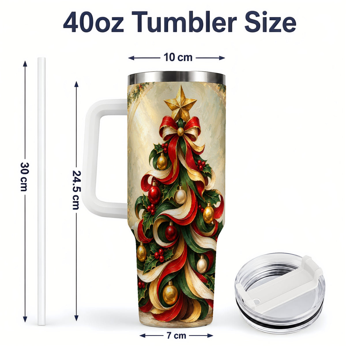 #pl[40oz|White] Ribbon Christmas Tree 40oz Handled Tumbler, Classic Festive Artwork