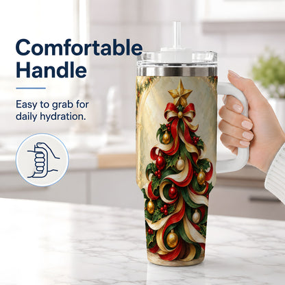 #pl[40oz|White] Ribbon Christmas Tree 40oz Handled Tumbler, Classic Festive Artwork