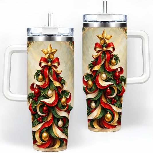 Ribbon Christmas Tree 40oz Handled Tumbler, Classic Festive Artwork