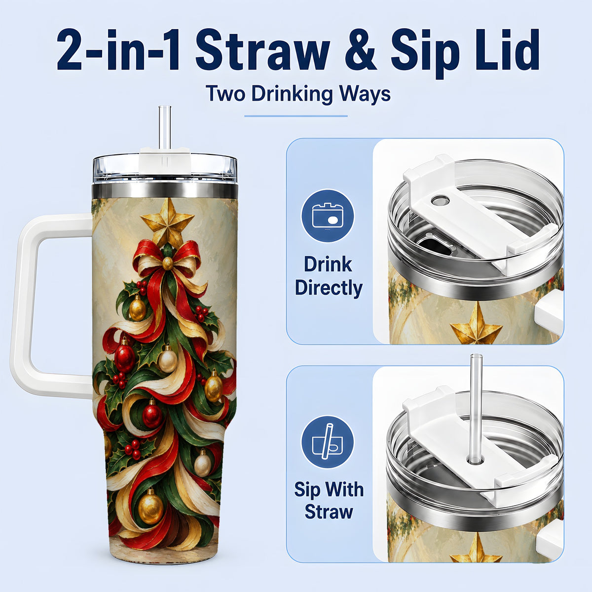 #pl[40oz|White] Ribbon Christmas Tree 40oz Handled Tumbler, Classic Festive Artwork