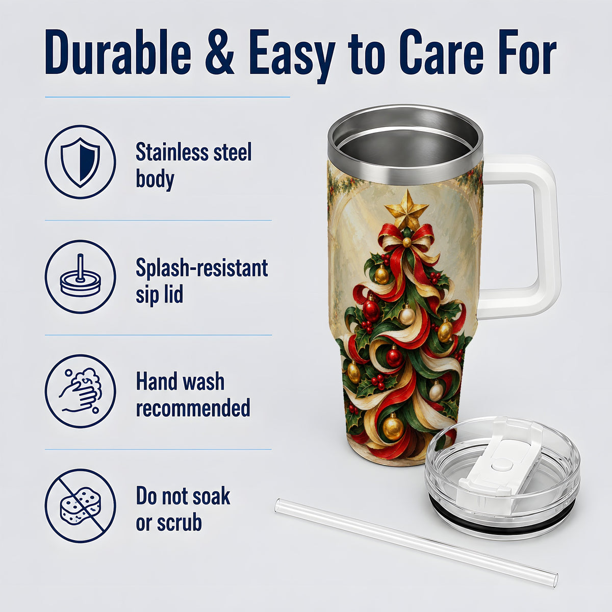 Ribbon Christmas Tree 40oz Handled Tumbler, Classic Festive Artwork