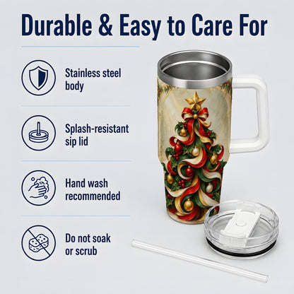 Ribbon Christmas Tree 40oz Handled Tumbler, Classic Festive Artwork