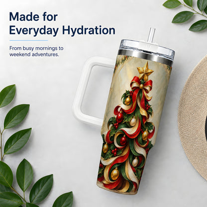 Ribbon Christmas Tree 40oz Handled Tumbler, Classic Festive Artwork
