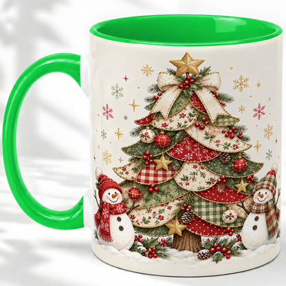 #pl[11oz|Green] Christmas Tree Snowman Accent Mug, Ceramic Cup with Festive Art