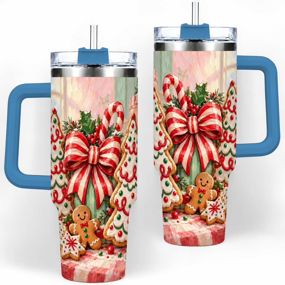 #pl[40oz|Blue] Christmas Tree Cookies 40oz Handled Tumbler, Sweet Holiday Artwork