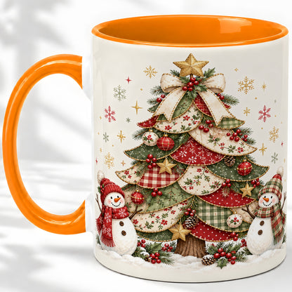 #pl[11oz|Orange] Christmas Tree Snowman Accent Mug, Ceramic Cup with Festive Art