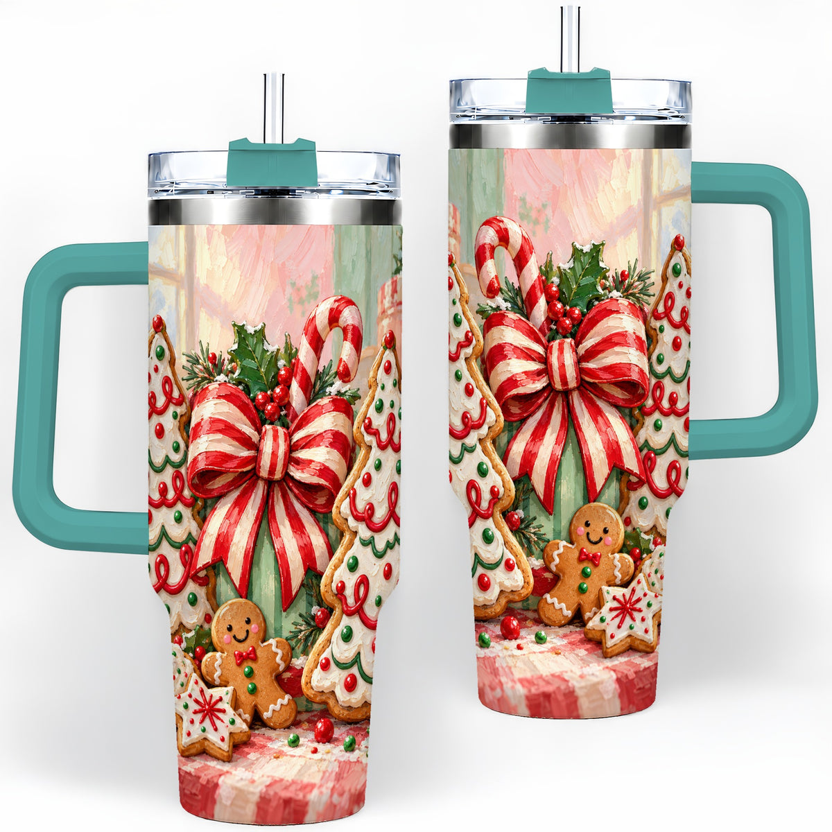 #pl[40oz|Green] Christmas Tree Cookies 40oz Handled Tumbler, Sweet Holiday Artwork