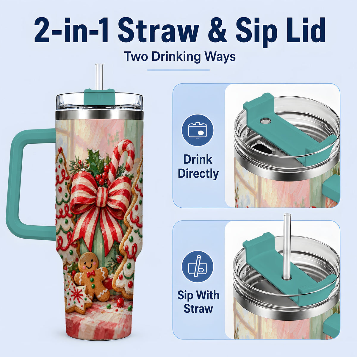 #pl[40oz|Green] Christmas Tree Cookies 40oz Handled Tumbler, Sweet Holiday Artwork