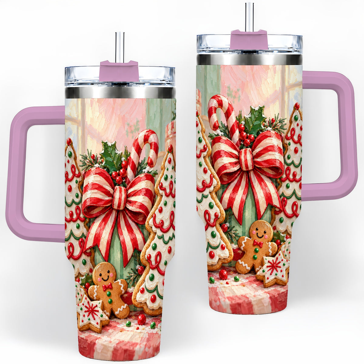 #pl[40oz|Pink] Christmas Tree Cookies 40oz Handled Tumbler, Sweet Holiday Artwork