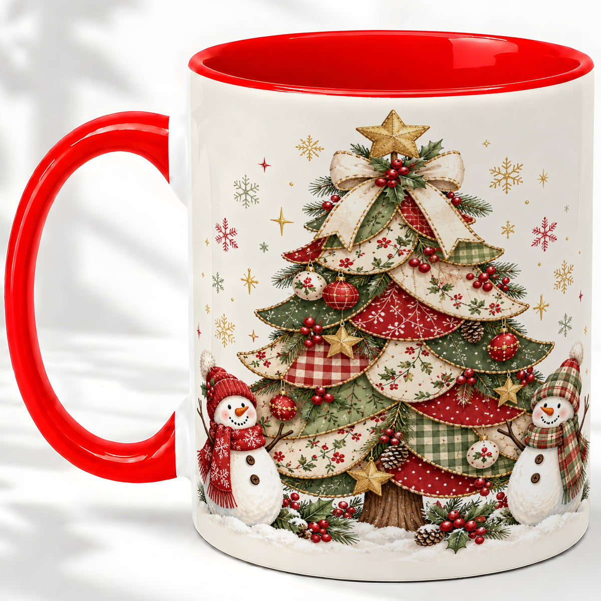 Christmas Tree Snowman Accent Mug, Ceramic Cup with Festive Art