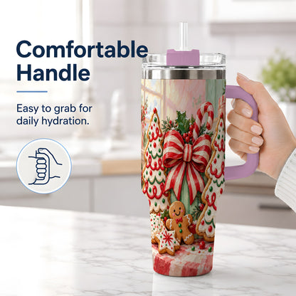 #pl[40oz|Pink] Christmas Tree Cookies 40oz Handled Tumbler, Sweet Holiday Artwork