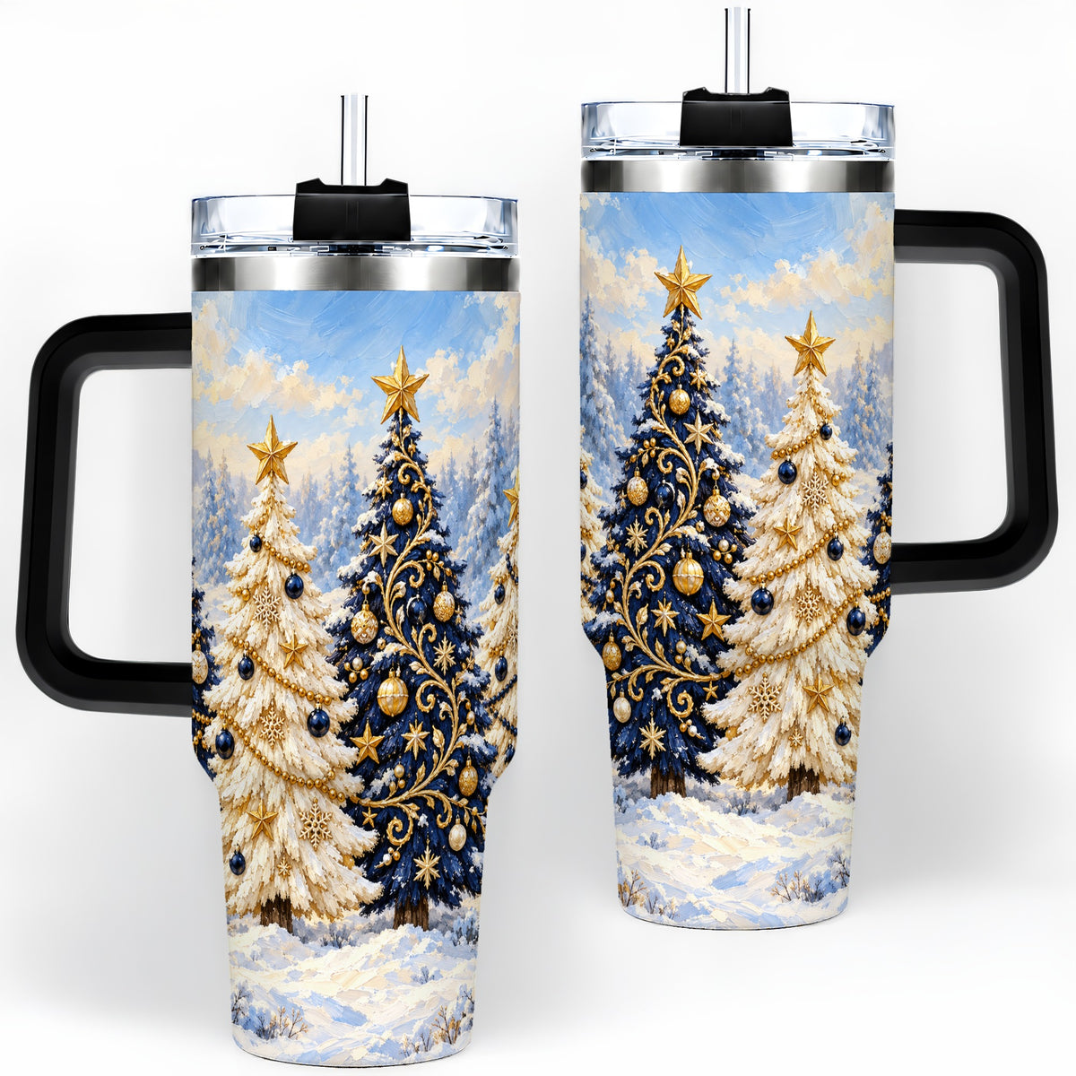 #pl[40oz|Black] Navy Blue Christmas Trees 40oz Tumbler, Festive Winter Forest Design