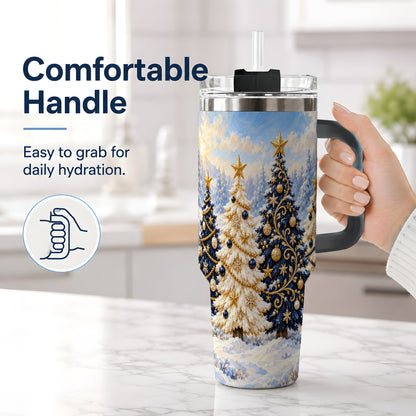 #pl[40oz|Black] Navy Blue Christmas Trees 40oz Tumbler, Festive Winter Forest Design
