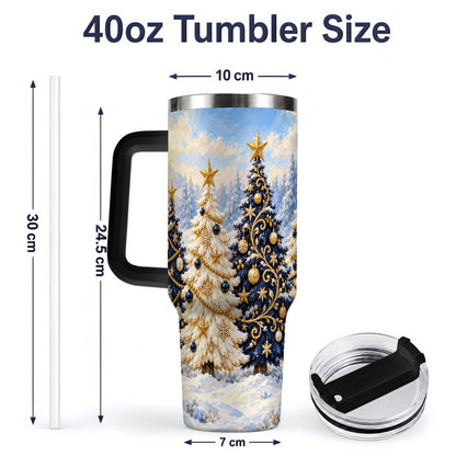 #pl[40oz|Black] Navy Blue Christmas Trees 40oz Tumbler, Festive Winter Forest Design