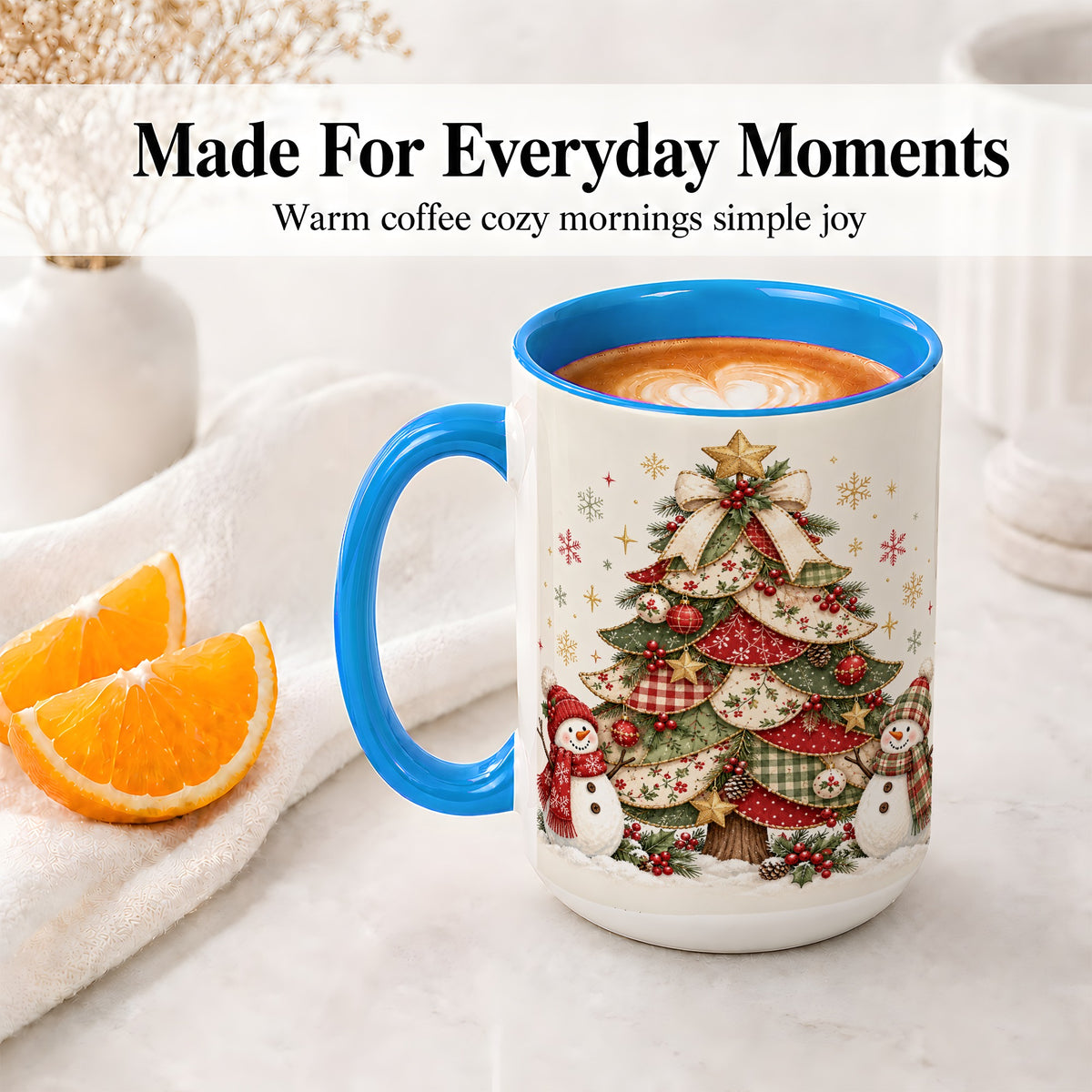 #pl[15oz|Blue] Christmas Tree Snowman Accent Mug, Ceramic Cup with Festive Art