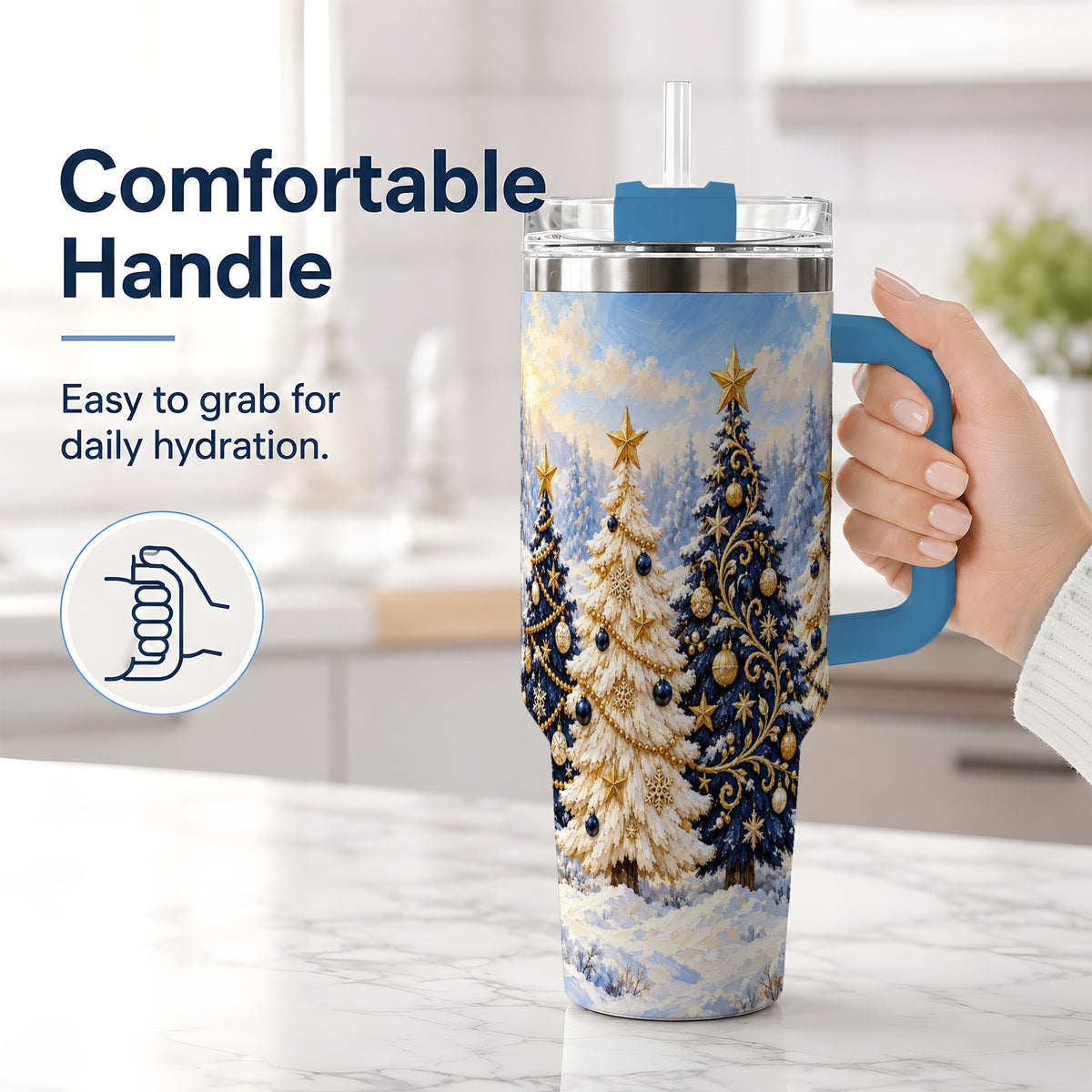 #pl[40oz|Blue] Navy Blue Christmas Trees 40oz Tumbler, Festive Winter Forest Design