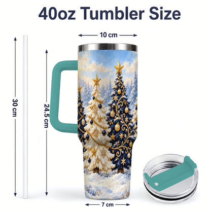 #pl[40oz|Green] Navy Blue Christmas Trees 40oz Tumbler, Festive Winter Forest Design