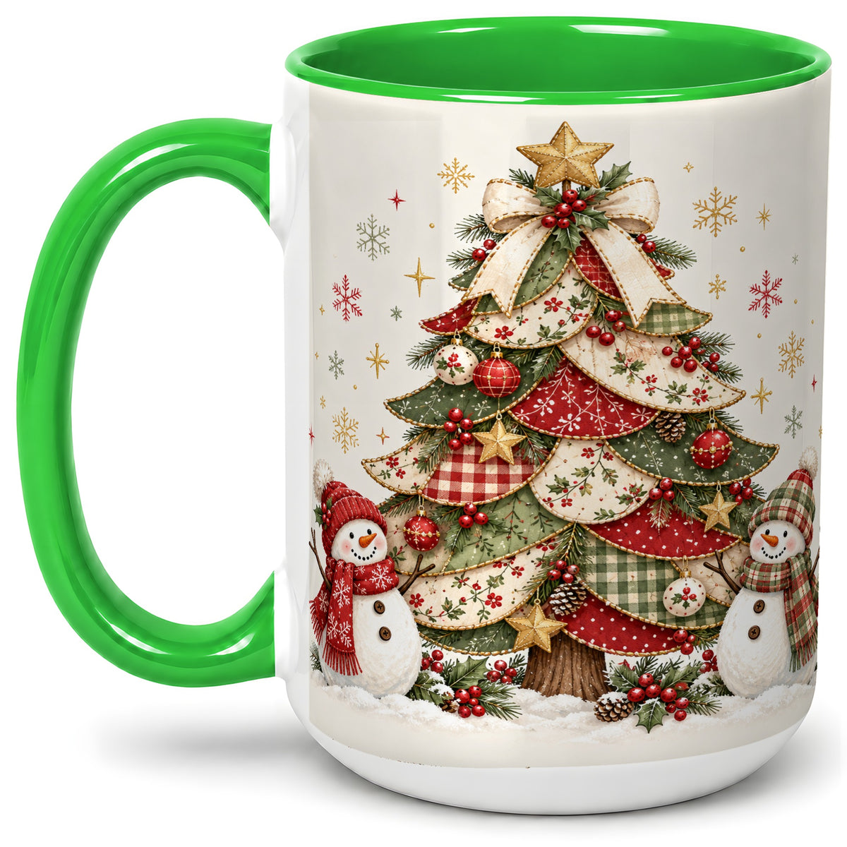 #pl[15oz|Green] Christmas Tree Snowman Accent Mug, Ceramic Cup with Festive Art