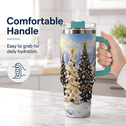 #pl[40oz|Green] Navy Blue Christmas Trees 40oz Tumbler, Festive Winter Forest Design
