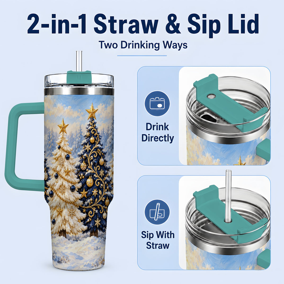 #pl[40oz|Green] Navy Blue Christmas Trees 40oz Tumbler, Festive Winter Forest Design