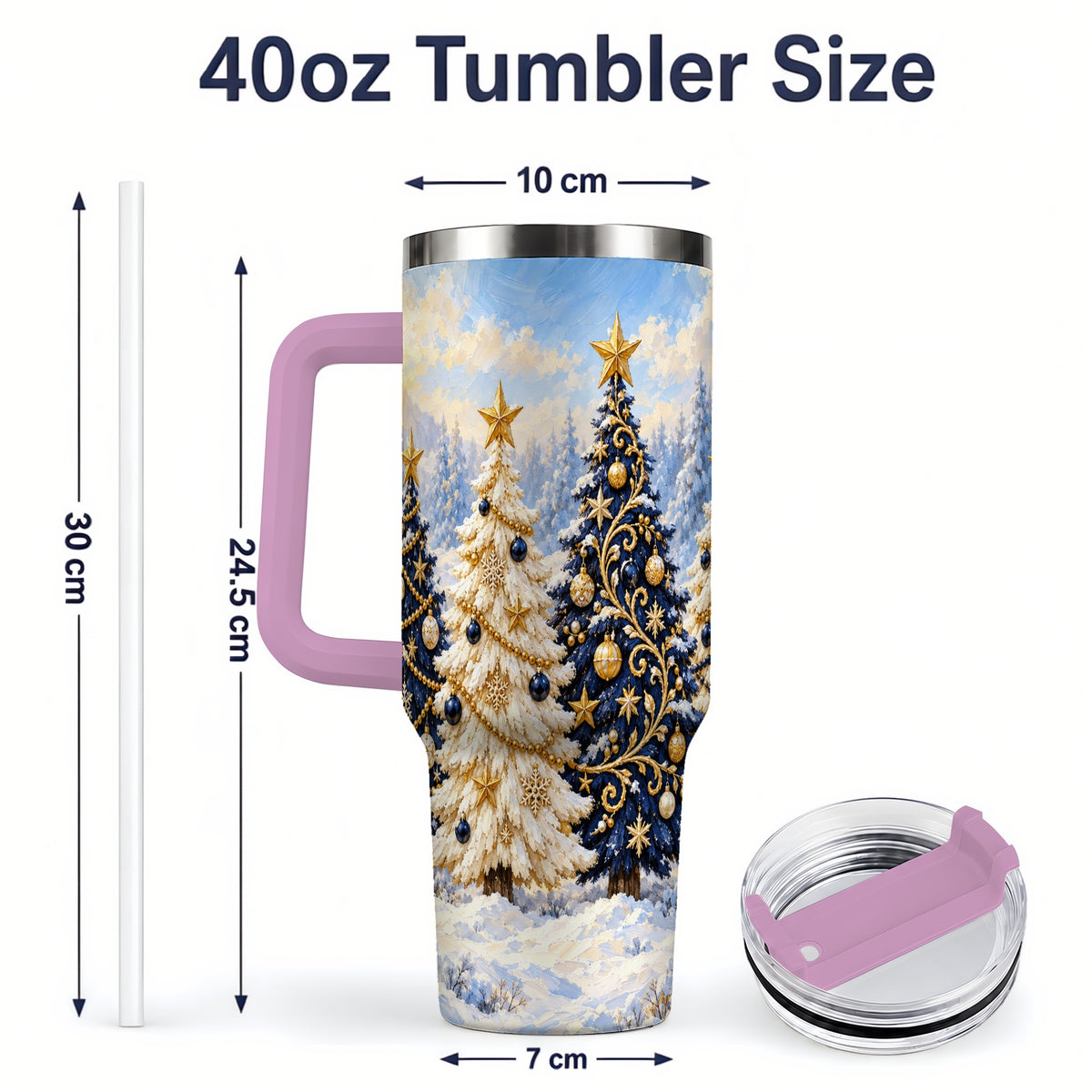 #pl[40oz|Pink] Navy Blue Christmas Trees 40oz Tumbler, Festive Winter Forest Design