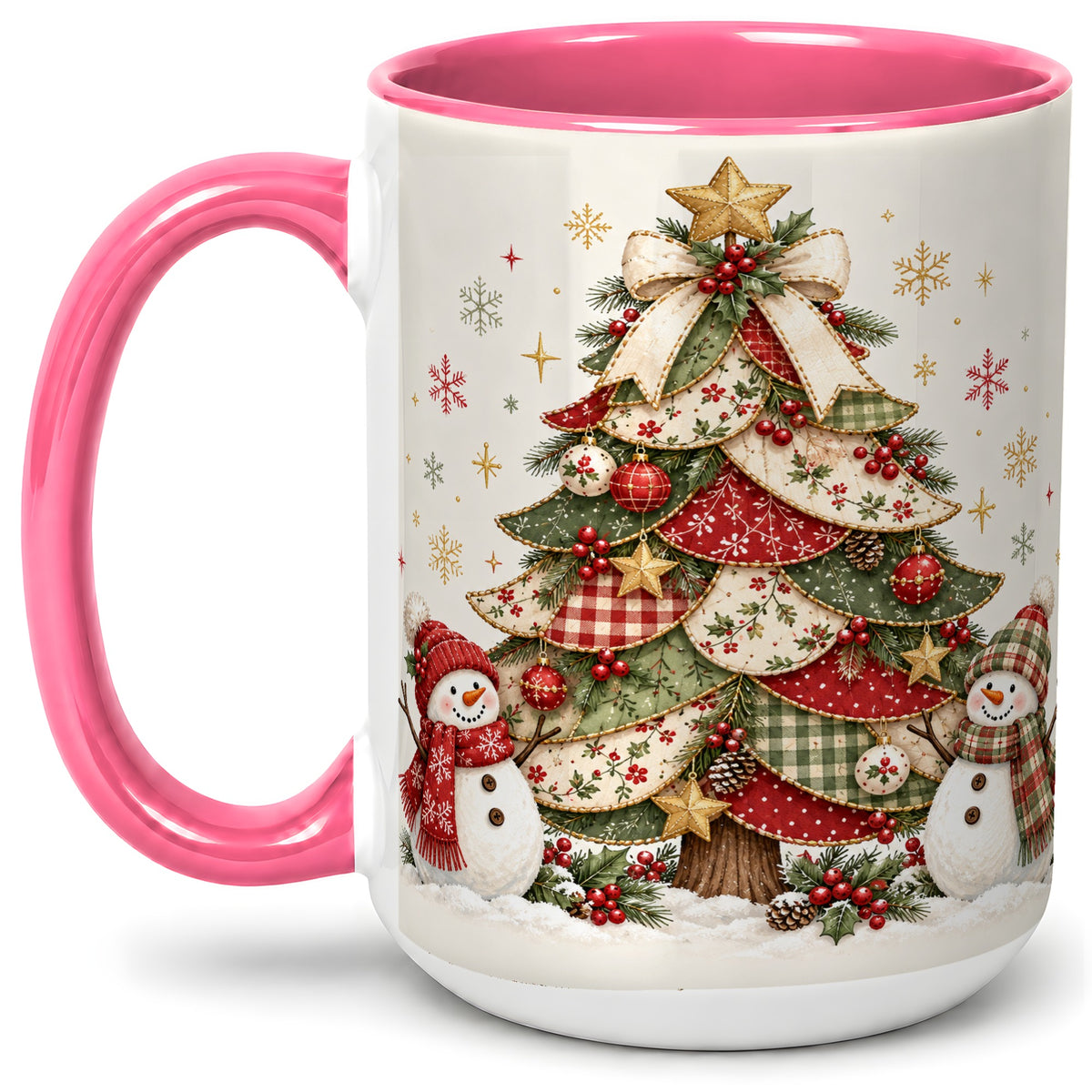 #pl[15oz|Pink] Christmas Tree Snowman Accent Mug, Ceramic Cup with Festive Art
