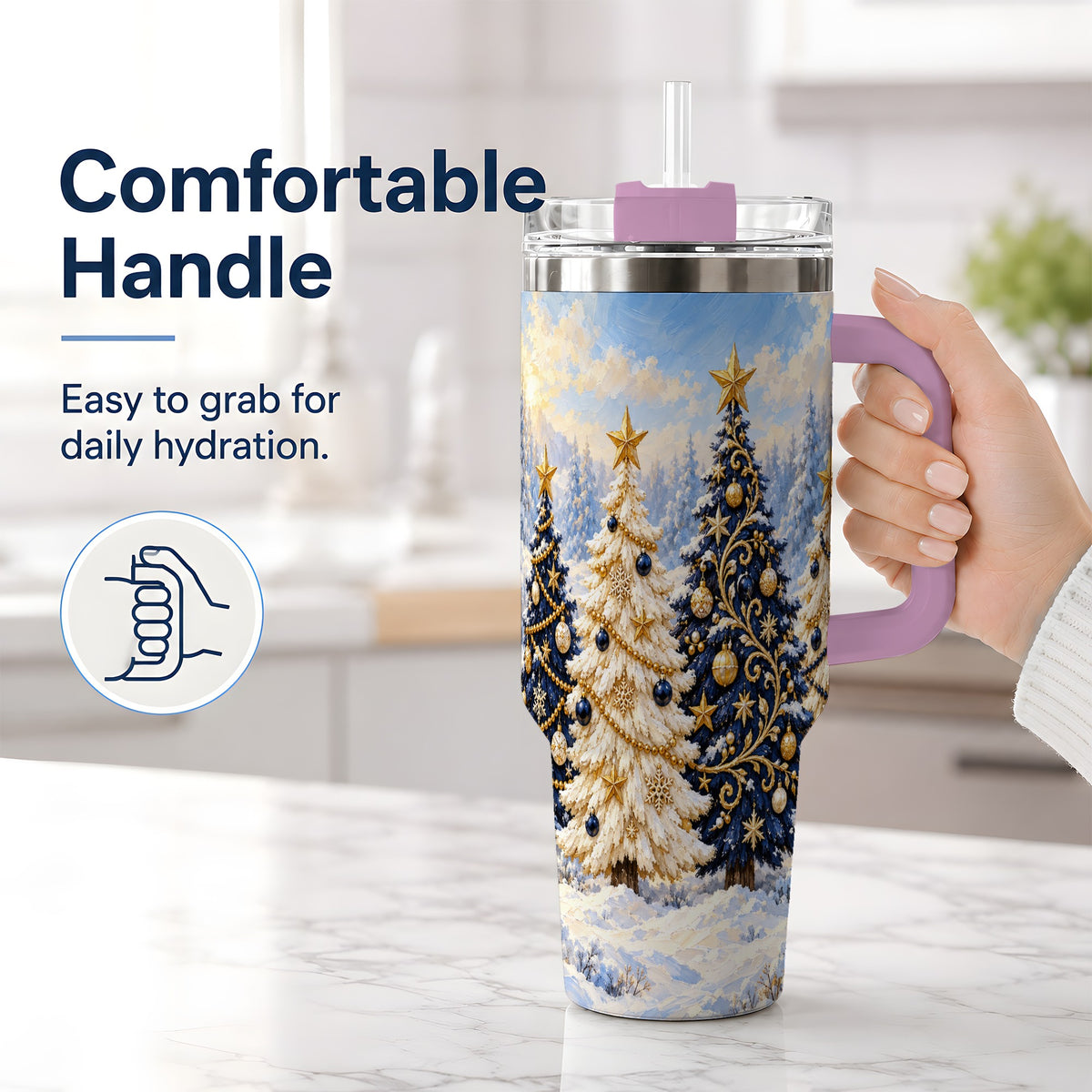 #pl[40oz|Pink] Navy Blue Christmas Trees 40oz Tumbler, Festive Winter Forest Design