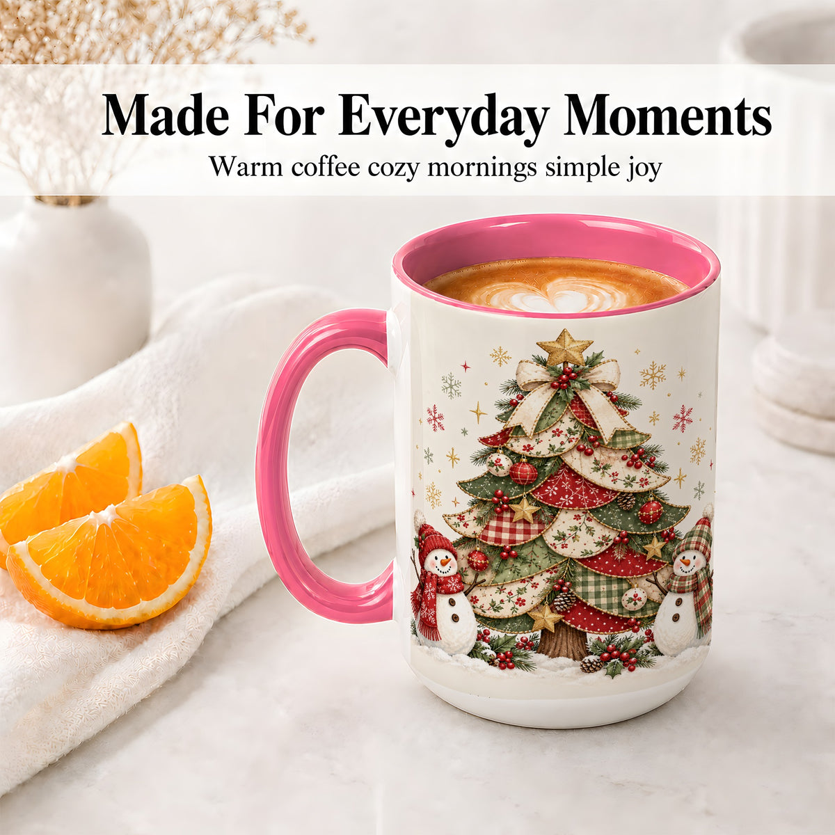 #pl[15oz|Pink] Christmas Tree Snowman Accent Mug, Ceramic Cup with Festive Art