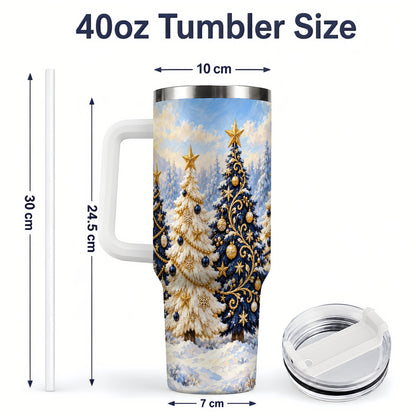 #pl[40oz|White] Navy Blue Christmas Trees 40oz Tumbler, Festive Winter Forest Design