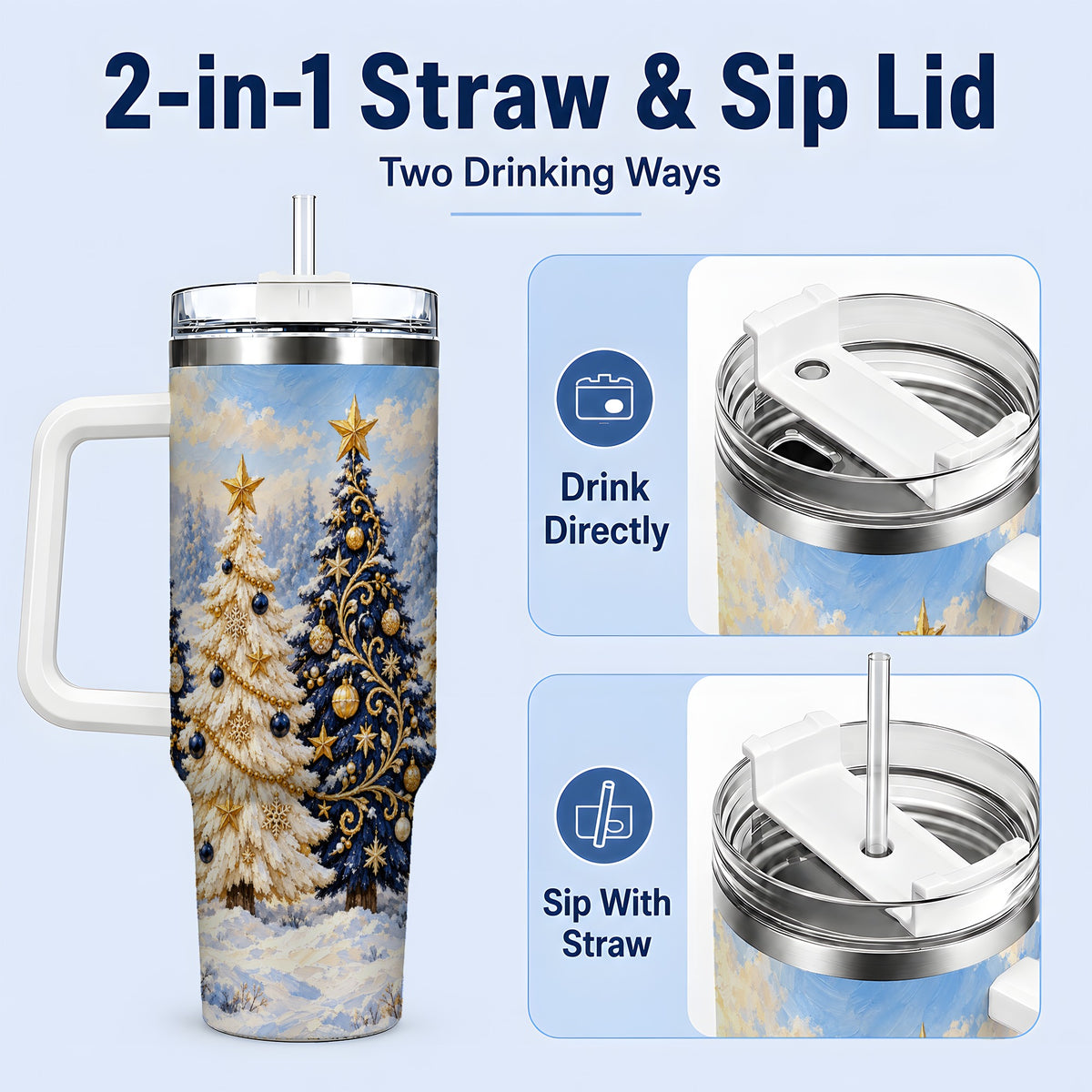 #pl[40oz|White] Navy Blue Christmas Trees 40oz Tumbler, Festive Winter Forest Design