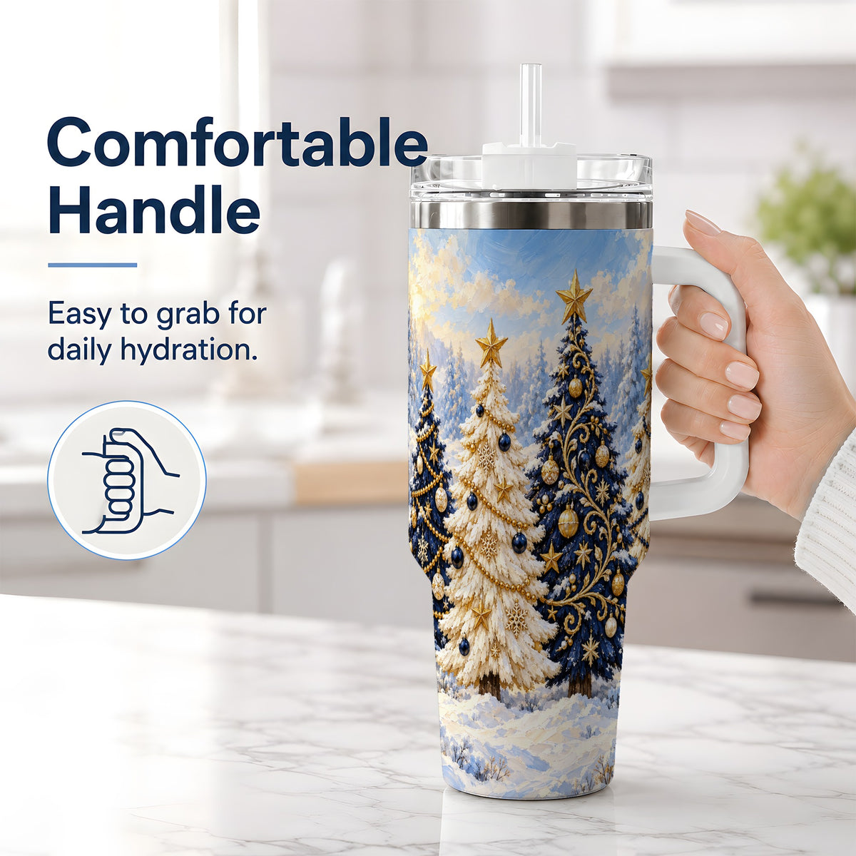 #pl[40oz|White] Navy Blue Christmas Trees 40oz Tumbler, Festive Winter Forest Design