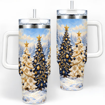Navy Blue Christmas Trees 40oz Tumbler, Festive Winter Forest Design