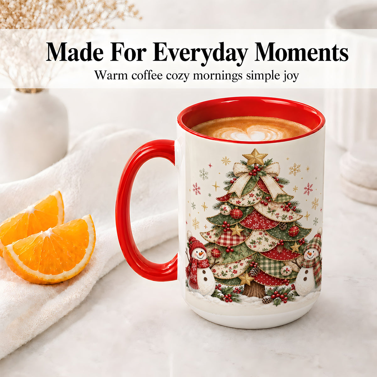 #pl[15oz|Red] Christmas Tree Snowman Accent Mug, Ceramic Cup with Festive Art