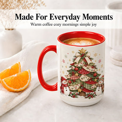 #pl[15oz|Red] Christmas Tree Snowman Accent Mug, Ceramic Cup with Festive Art