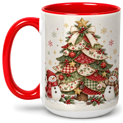 #pl[15oz|Red] Christmas Tree Snowman Accent Mug, Ceramic Cup with Festive Art