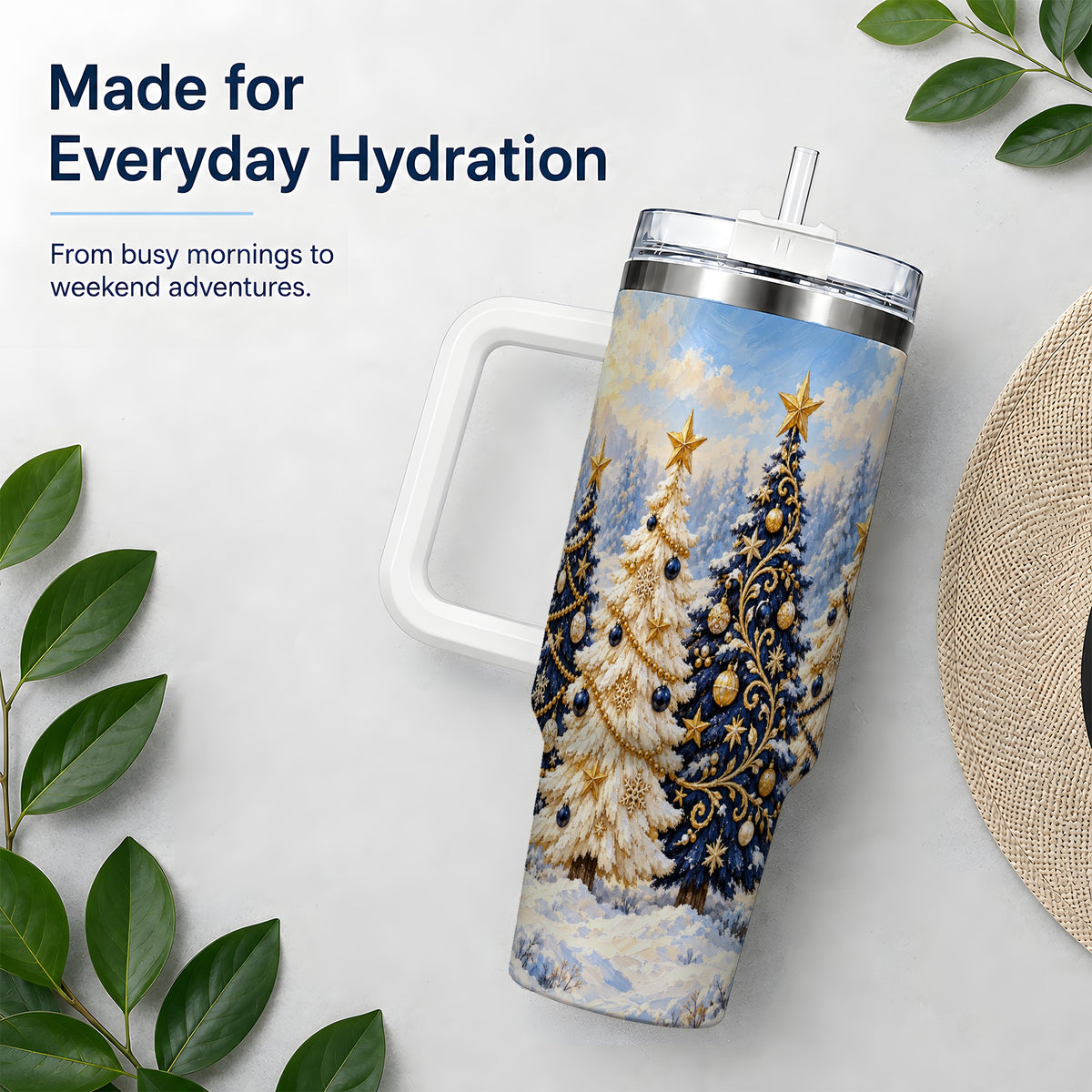 Navy Blue Christmas Trees 40oz Tumbler, Festive Winter Forest Design