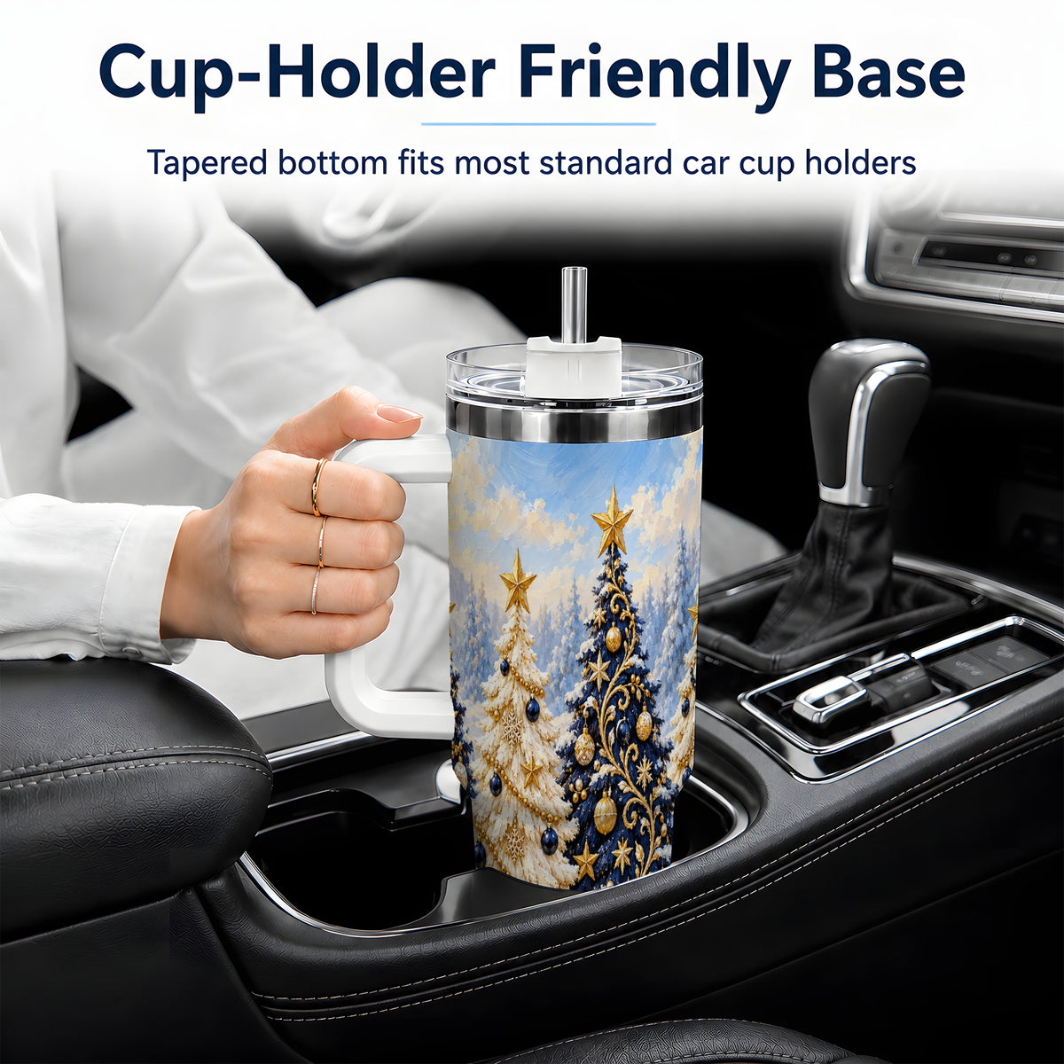 Navy Blue Christmas Trees 40oz Tumbler, Festive Winter Forest Design