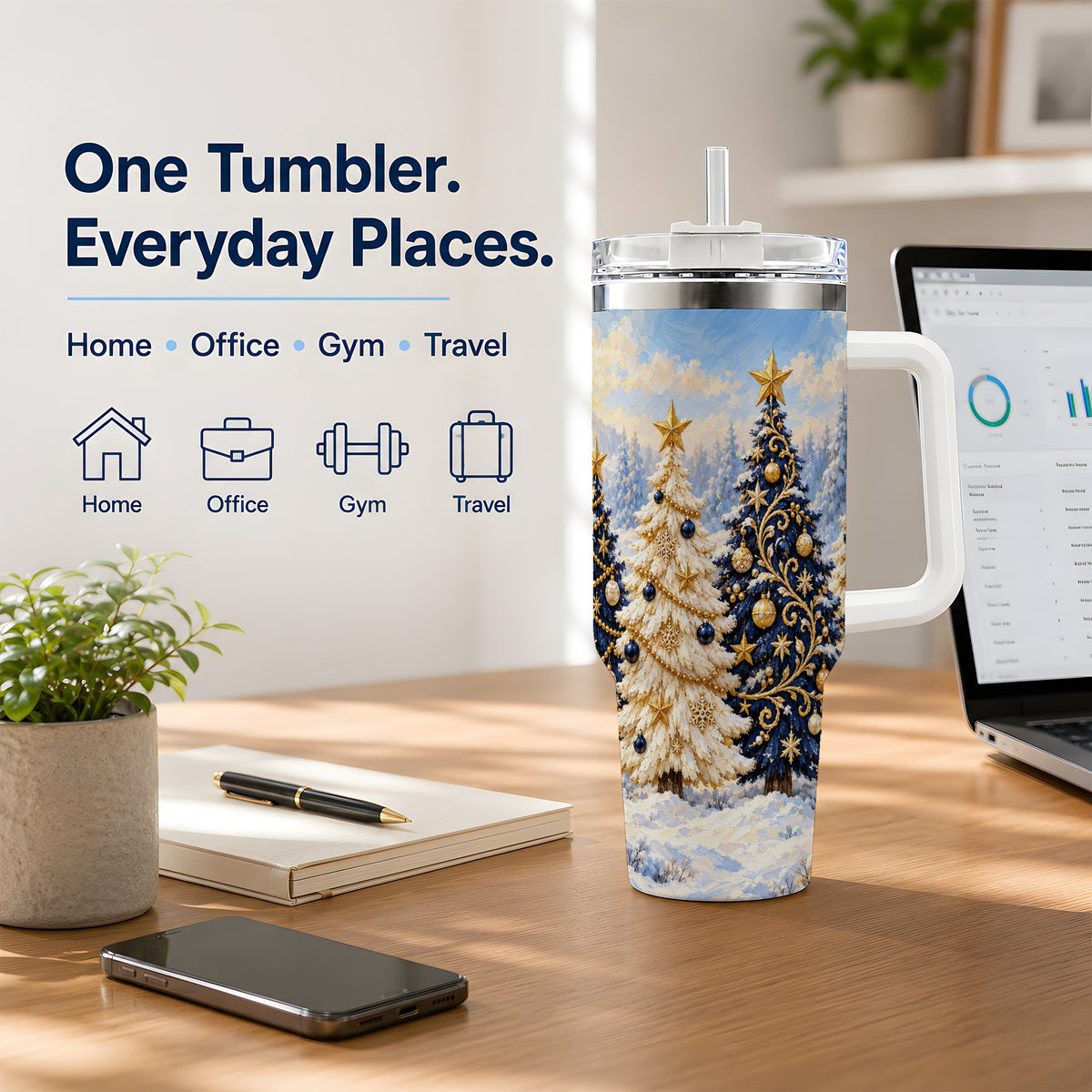 Navy Blue Christmas Trees 40oz Tumbler, Festive Winter Forest Design