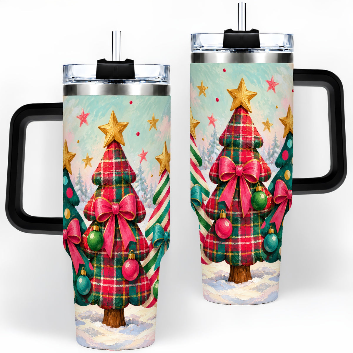 #pl[40oz|Black] Colorful Christmas Trees 40oz Tumbler, Festive Plaid Bow Design