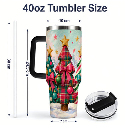 #pl[40oz|Black] Colorful Christmas Trees 40oz Tumbler, Festive Plaid Bow Design