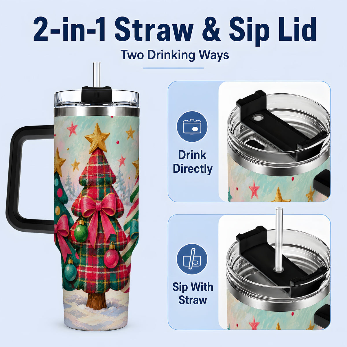 #pl[40oz|Black] Colorful Christmas Trees 40oz Tumbler, Festive Plaid Bow Design