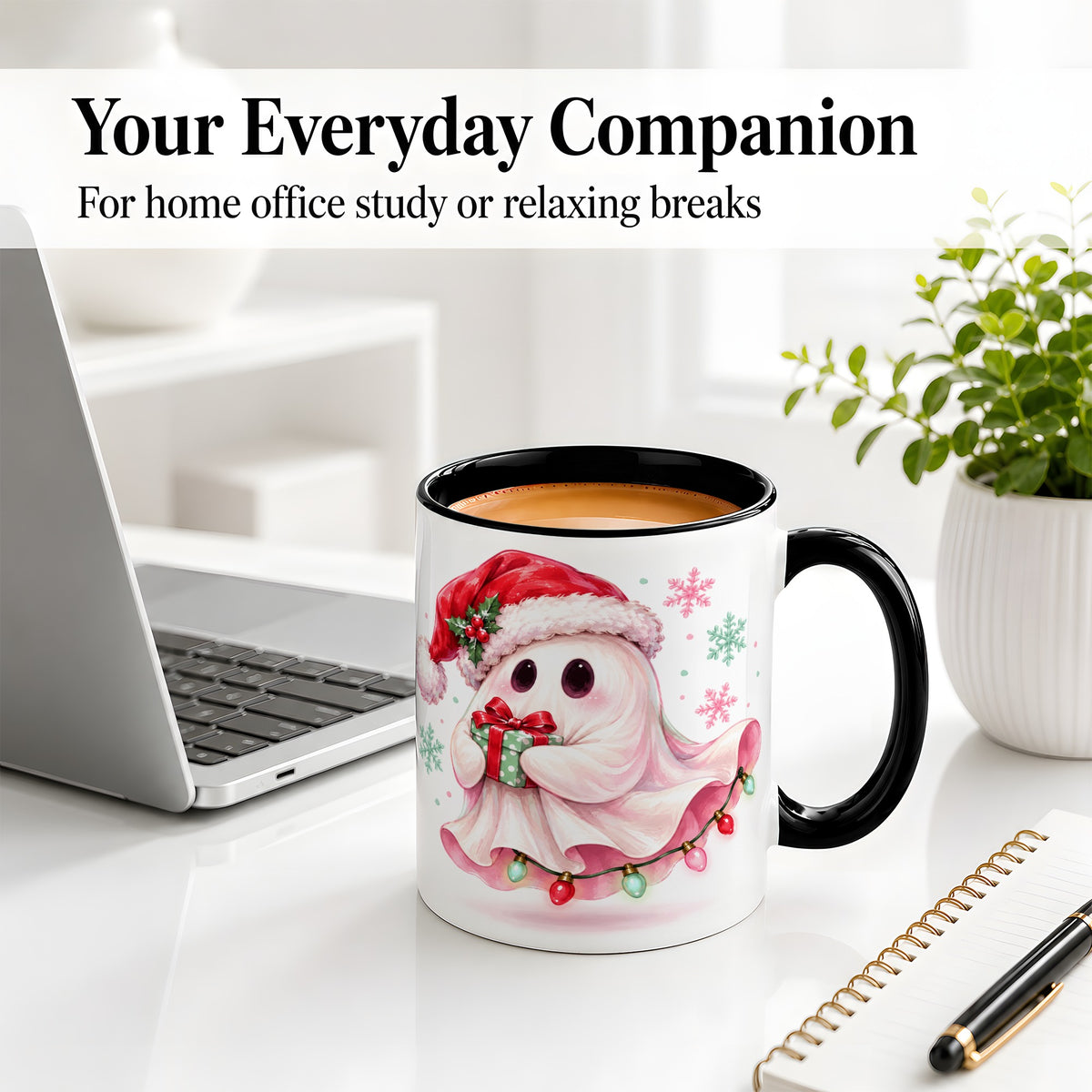 #pl[11oz|Black] Cute Christmas Ghost Accent Mug, Ceramic Cup with Holiday Artwork