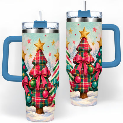 #pl[40oz|Blue] Colorful Christmas Trees 40oz Tumbler, Festive Plaid Bow Design