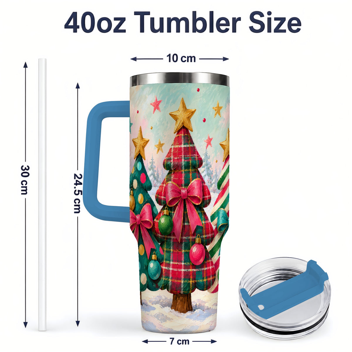 #pl[40oz|Blue] Colorful Christmas Trees 40oz Tumbler, Festive Plaid Bow Design