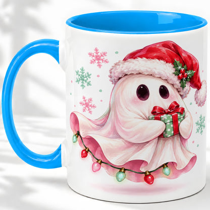 #pl[11oz|Blue] Cute Christmas Ghost Accent Mug, Ceramic Cup with Holiday Artwork