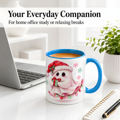 #pl[11oz|Blue] Cute Christmas Ghost Accent Mug, Ceramic Cup with Holiday Artwork