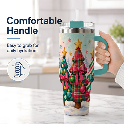#pl[40oz|Green] Colorful Christmas Trees 40oz Tumbler, Festive Plaid Bow Design