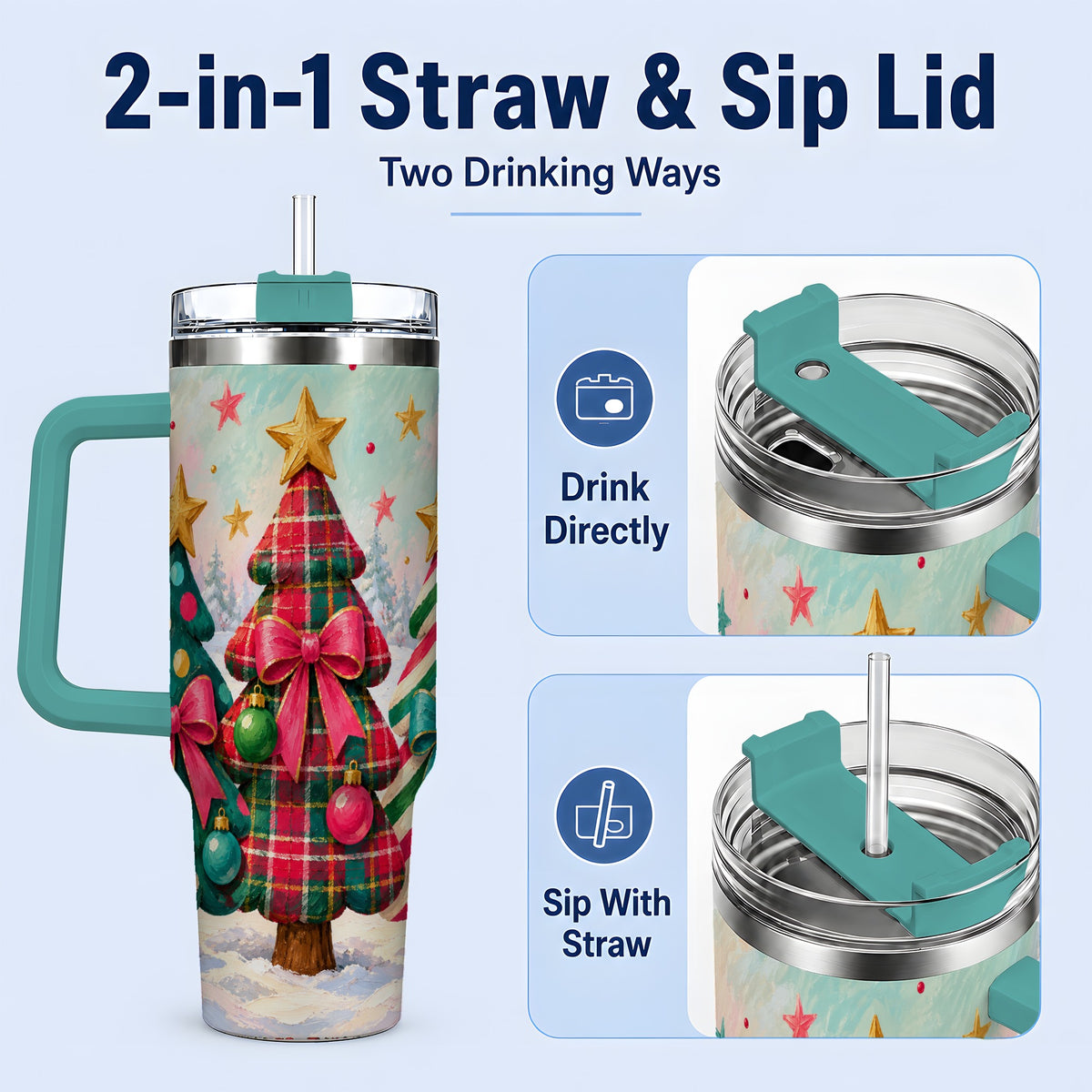#pl[40oz|Green] Colorful Christmas Trees 40oz Tumbler, Festive Plaid Bow Design